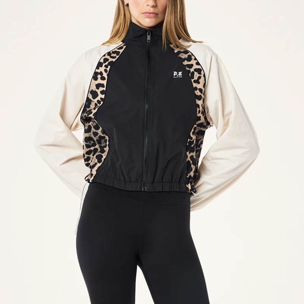 P.E Nation Black and Cream Bomber Jacket with Leopard Accents